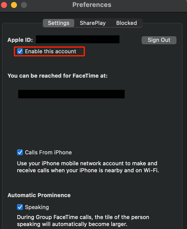 检查启用此帐户选项 | FaceTime 视频无法在 Mac 上运行