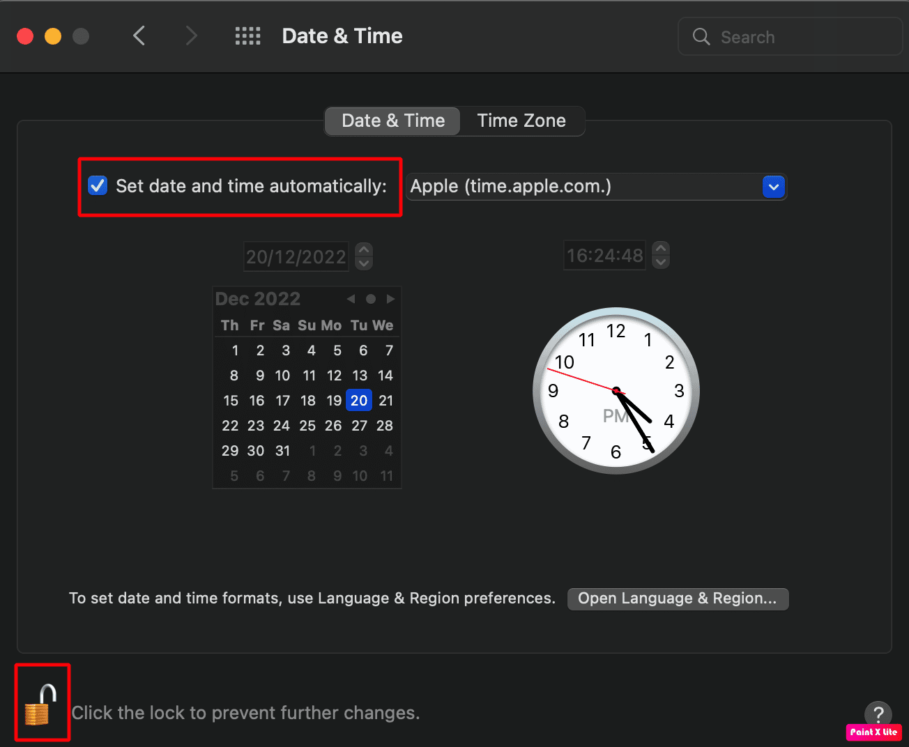 ロックアイコンをクリックし、日付と時刻を自動的に設定するオプションにチェックマークを付けます