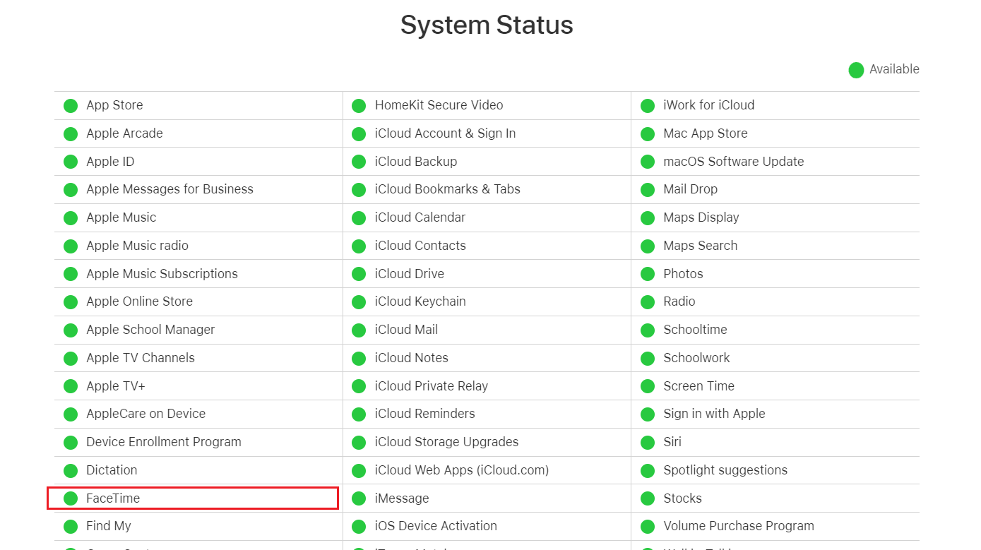 Status Sistem Apple - FaceTime