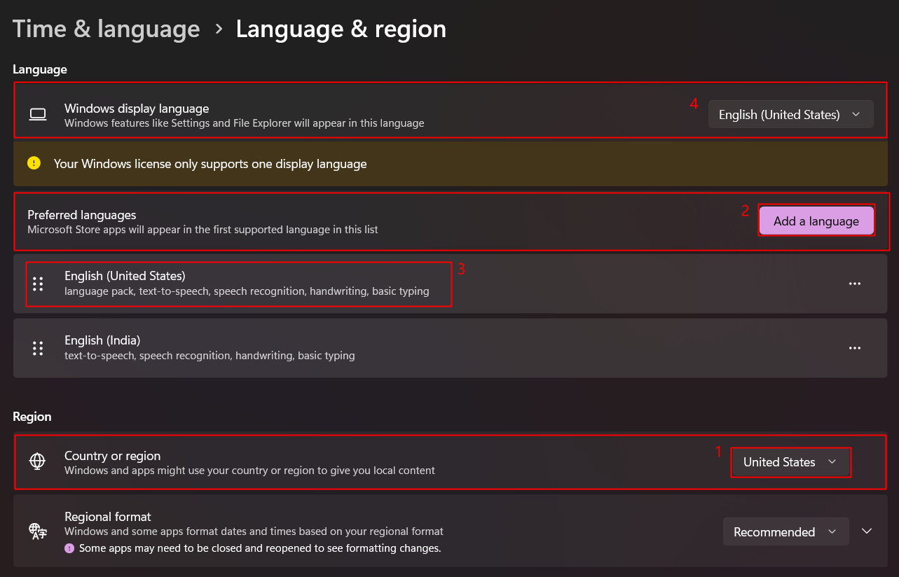 เปลี่ยนประเทศและภาษาที่แสดงของ Windows