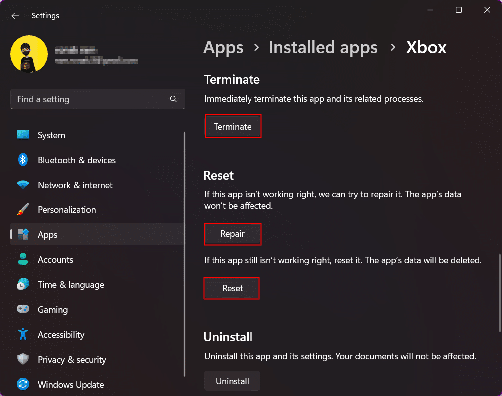 Beenden Sie die Reparatur und setzen Sie die Xbox-App zurück. Fix Es tut uns leid, dass wir Probleme haben, die Details dieses Vorteils anzuzeigen