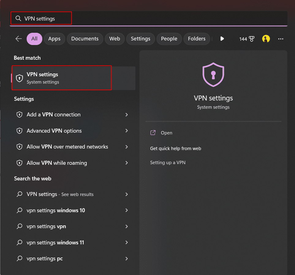 Busque la configuración de VPN en la barra de búsqueda de su PC con Windows y ábrala