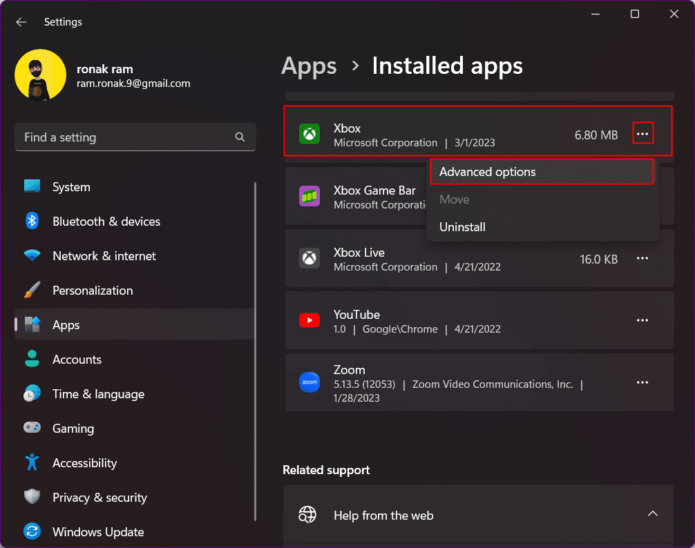 Uygulamalar listesinde Xbox'a gidin ve adının yanındaki üç dikey nokta simgesine tıklayın ve Gelişmiş seçenekler'e tıklayın.