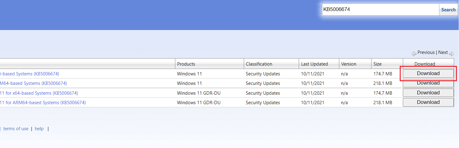 fare clic sul pulsante Download accanto a un particolare aggiornamento per scaricare l'aggiornamento nel catalogo di Microsoft Update