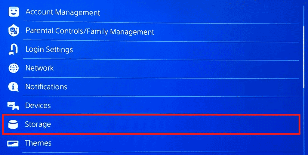 Faites défiler vers le bas et sélectionnez Stockage PS4