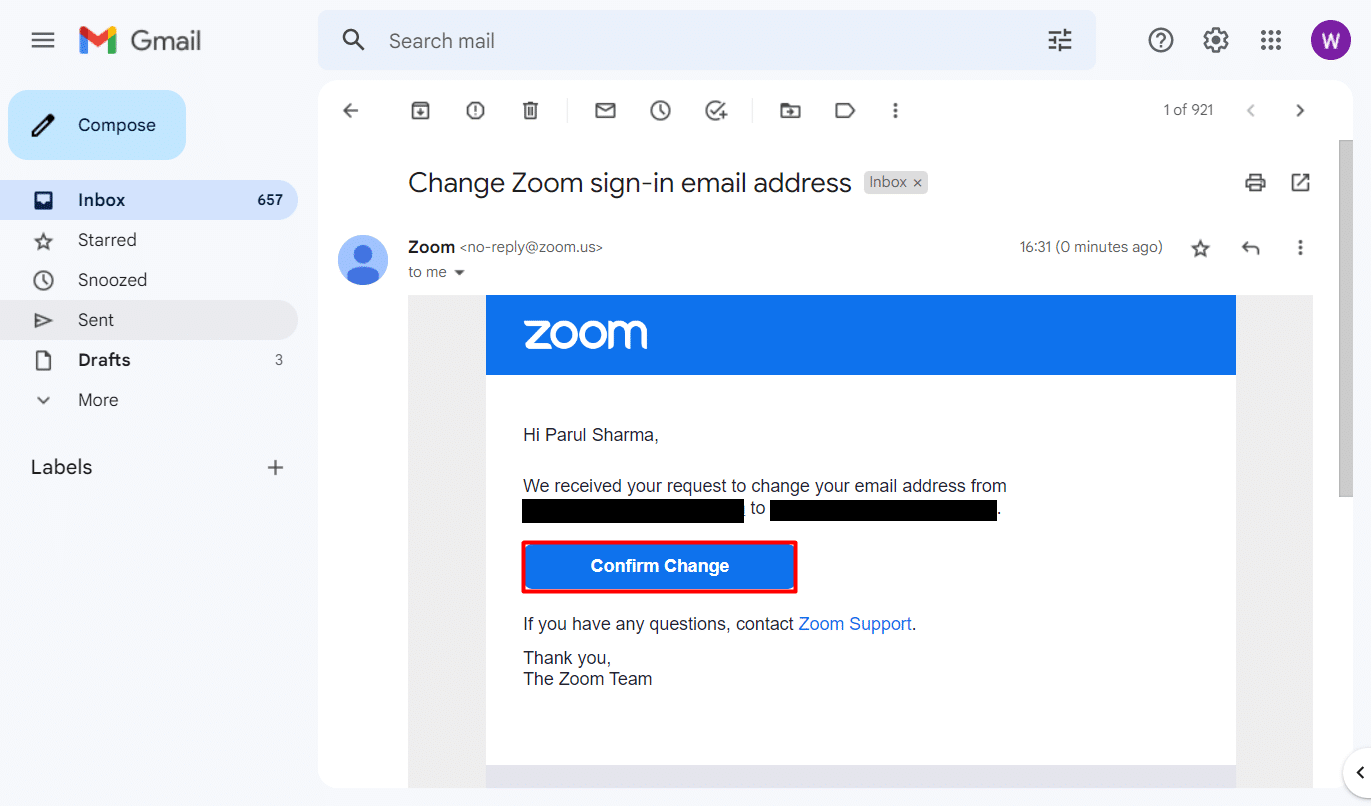 accesați Gmail noua adresă de e-mail și alegeți Confirmare modificare. Remediați eroarea dezactivată contului Zoom