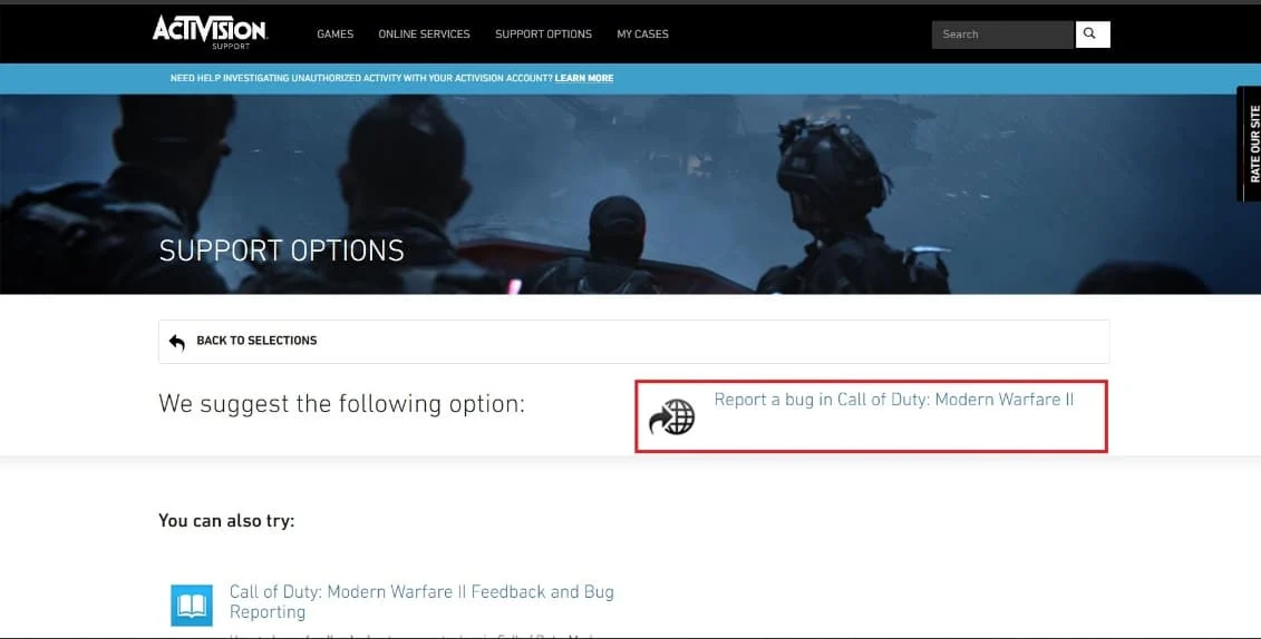 clique em Relatar um bug em Call of Duty: Modern Warfare II. Corrigir problema de falha no envio de solicitação de amizade do MW2