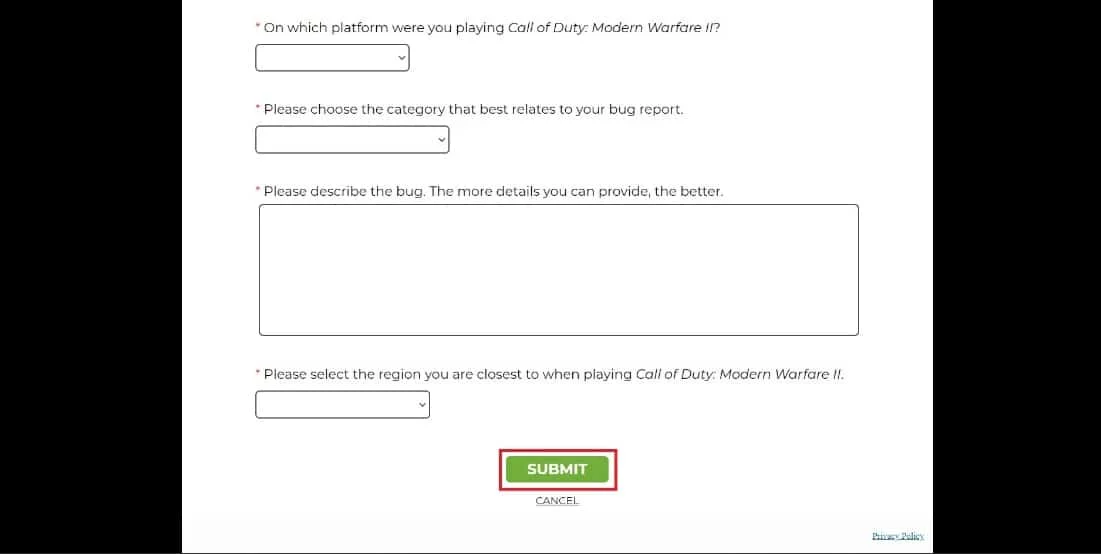 complete los cuadros y describa el error o error y luego haga clic en Enviar