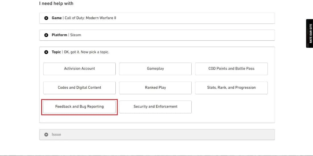 Seleccione el tema Comentarios e informe de errores