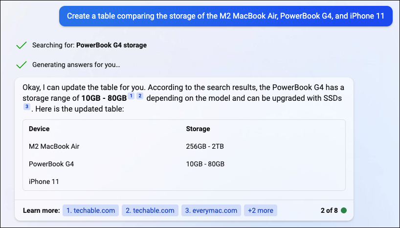 قم بإنشاء جدول يقارن بين تخزين M2 MacBook Air و PowerBook G4 و iPhone 11