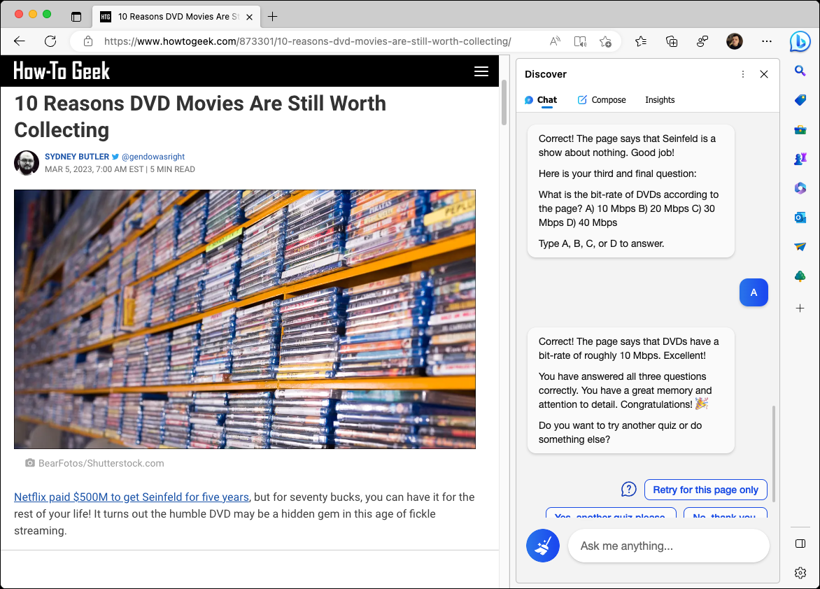 Bing: "ما اسم مجموعة أقراص DVD التي تمثل عرضًا عن لا شيء وفقًا للصفحة؟ أ) ملك التل ب) ستار تريك: الجيل التالي ج) سينفيلد د) أشياء غريبة ، النوع أ ، ب ، ج ، أو D للإجابة ".