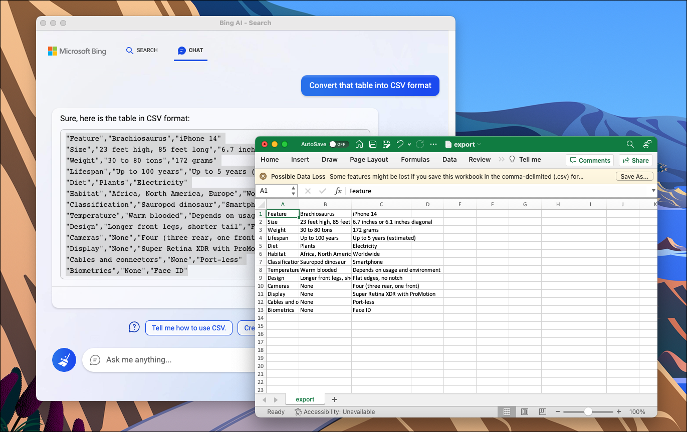 Bing의 테이블 데이터가 포함된 Excel 스프레드시트