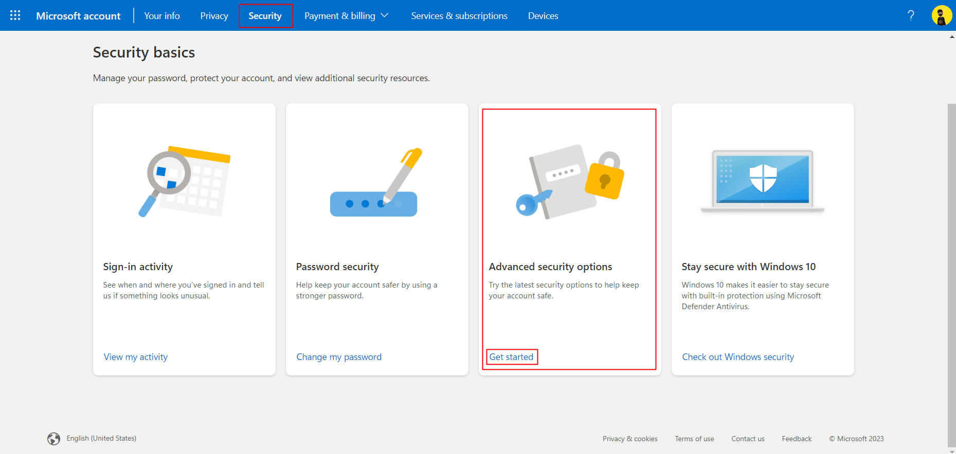 Fare clic sull'opzione Sicurezza e quindi fare clic su Inizia in Opzioni di sicurezza avanzate