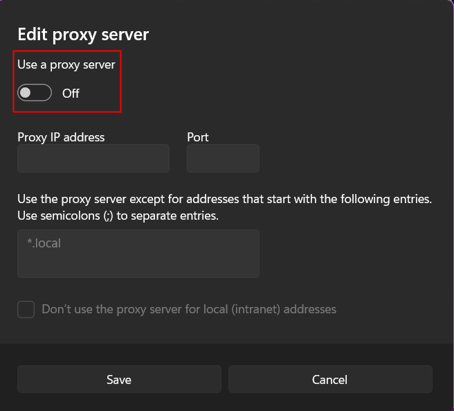 Açılır pencerede Proxy sunucusu kullan seçeneğini kapatın. Microsoft'un Mesaj Doğrulama Hatası Göndermemesini Düzeltmenin 12 Yolu