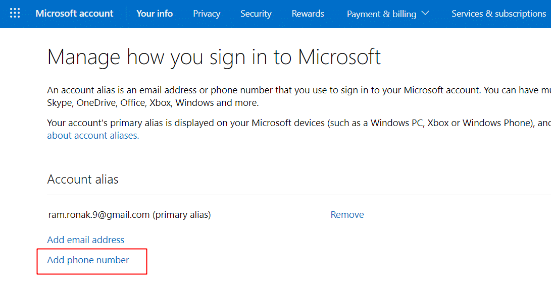 Microsoft hesabınızda oturum açın ve Telefon numarası ekle'ye tıklayın