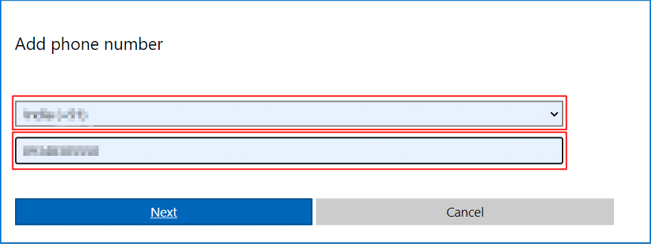 Wählen Sie Ihre Landesvorwahl, geben Sie die Telefonnummer ein und klicken Sie auf Weiter