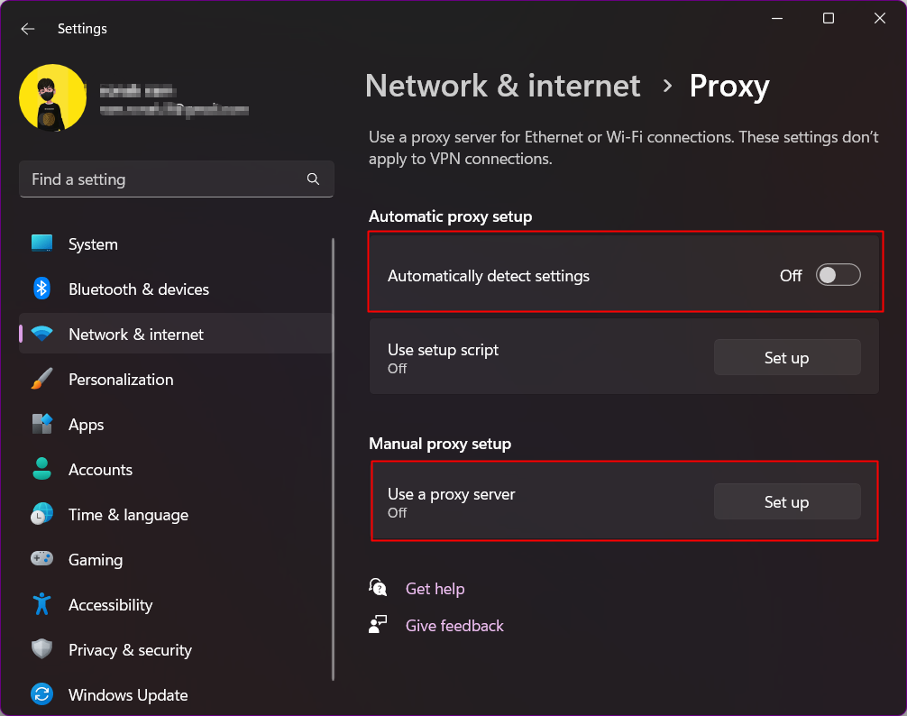 Nonaktifkan Deteksi pengaturan secara otomatis dan Klik Atur di sebelah Gunakan server proxy