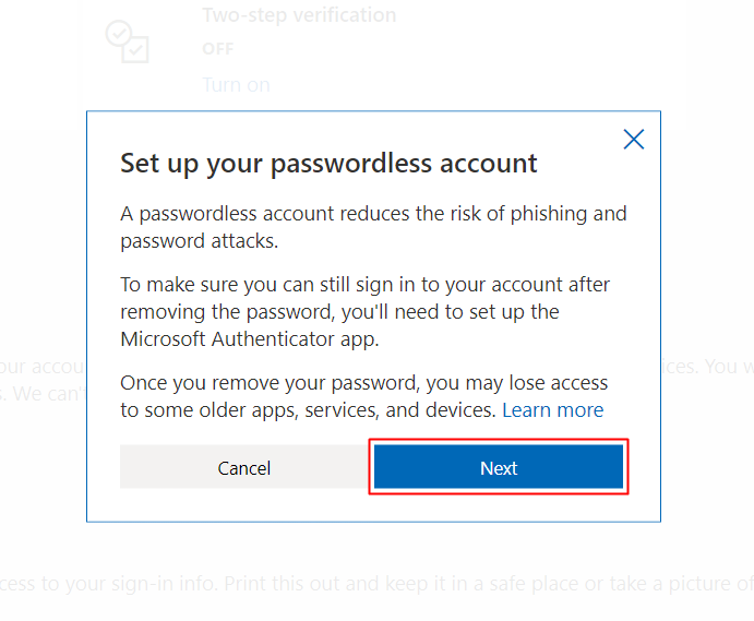 Configura il tuo account senza password