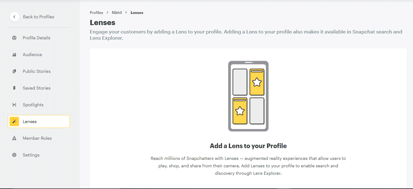 Puede ver sus lentes y también actualizar su lente también desde aquí. Perfil del creador de lentes de Snapchat