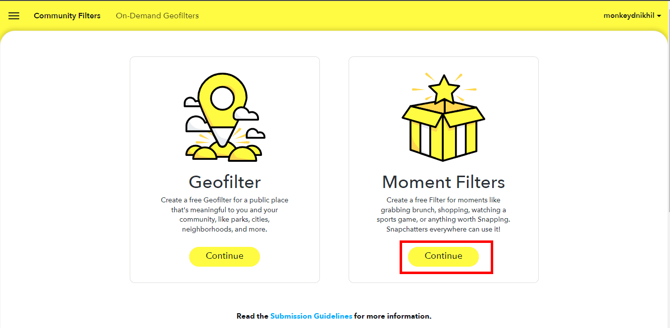 Fare clic su continua di Moment Filters. Come creare gratuitamente un filtro Snapchat