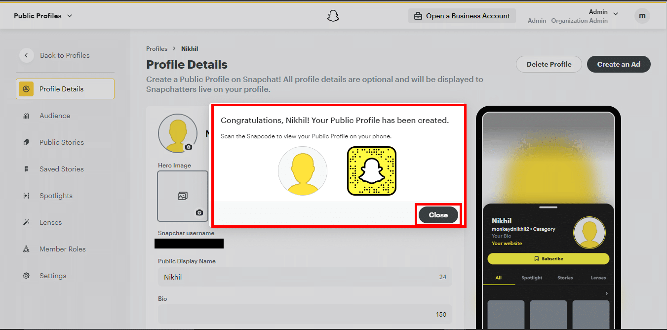 Vi se va afișa un mesaj de felicitare, apoi faceți clic pe Închidere. Profilul creatorului de lentile Snapchat