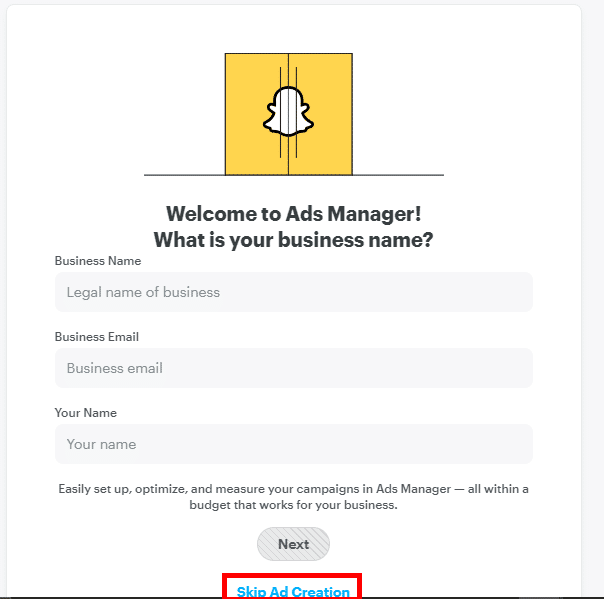 haga clic en Saltar creación de anuncios. Perfil del creador de lentes de Snapchat