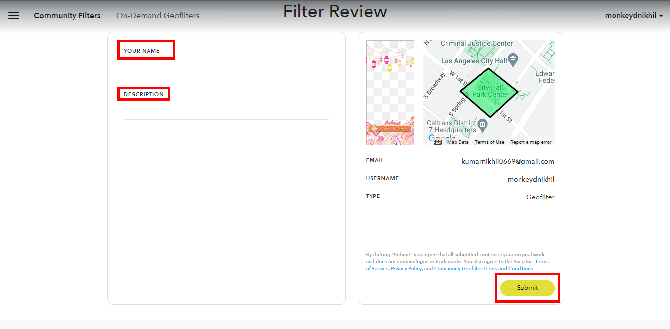 Senden Sie Ihren Filter, indem Sie Ihren Namen und eine Beschreibung hinzufügen. So erstellen Sie kostenlos einen Snapchat-Filter