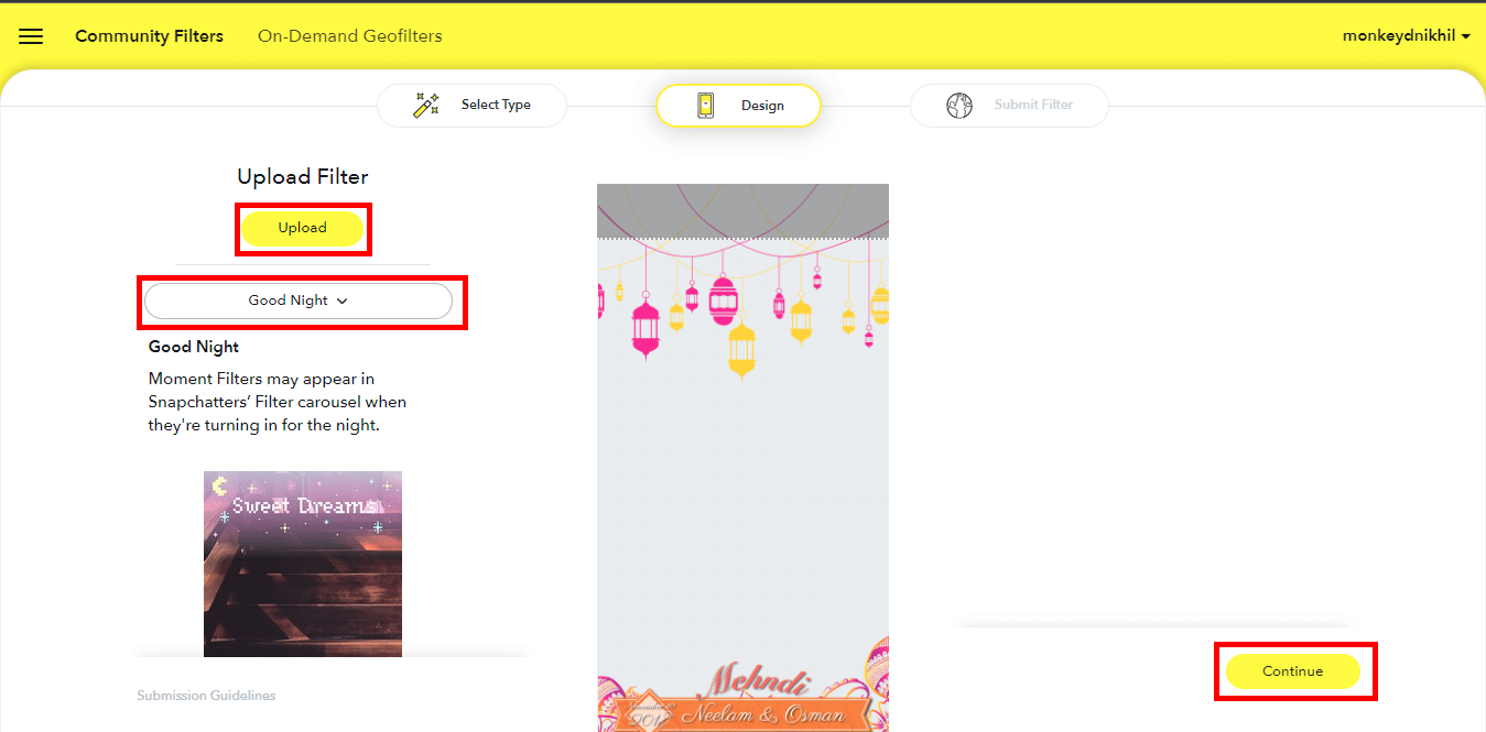 上傳您的過濾器並從下拉列表中選擇一個時刻，然後單擊繼續。 Snapchat 鏡頭創作者簡介