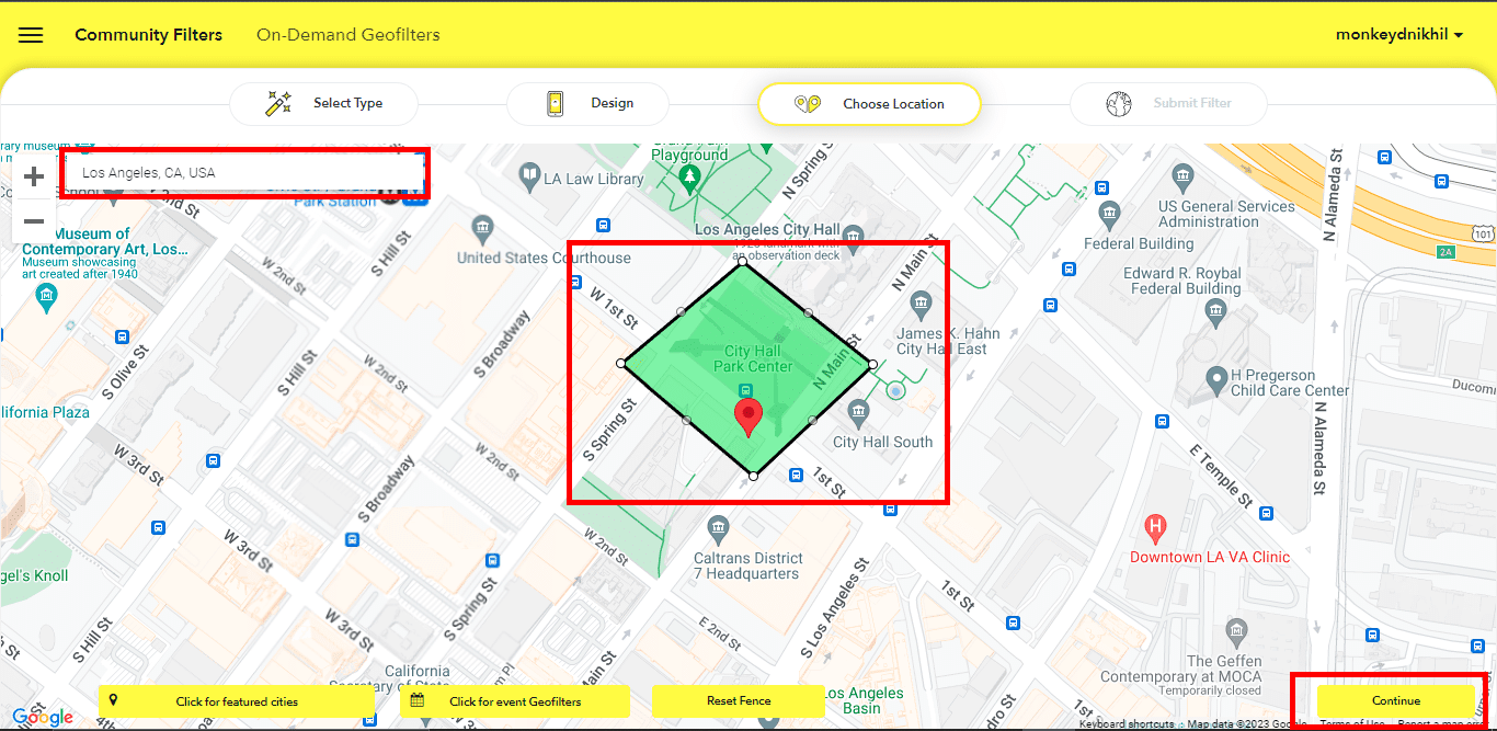 Choisissez votre emplacement. Profil du créateur de l'objectif Snapchat