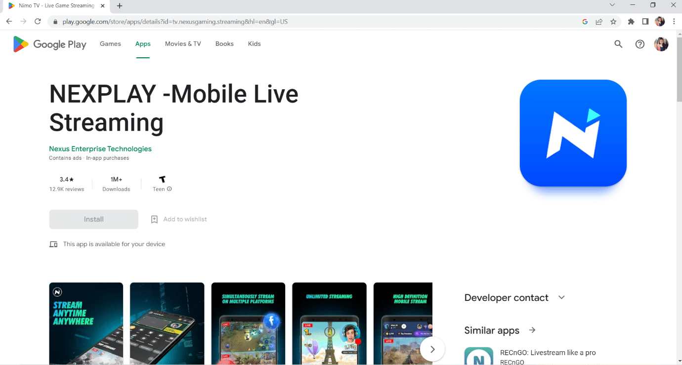 Google play'de Nexplay'in Resmi Sayfası