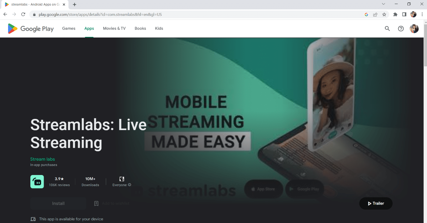 Google play 中 Streamlabs 的官方页面。 19 款适用于 Android 游戏的最佳直播应用程序