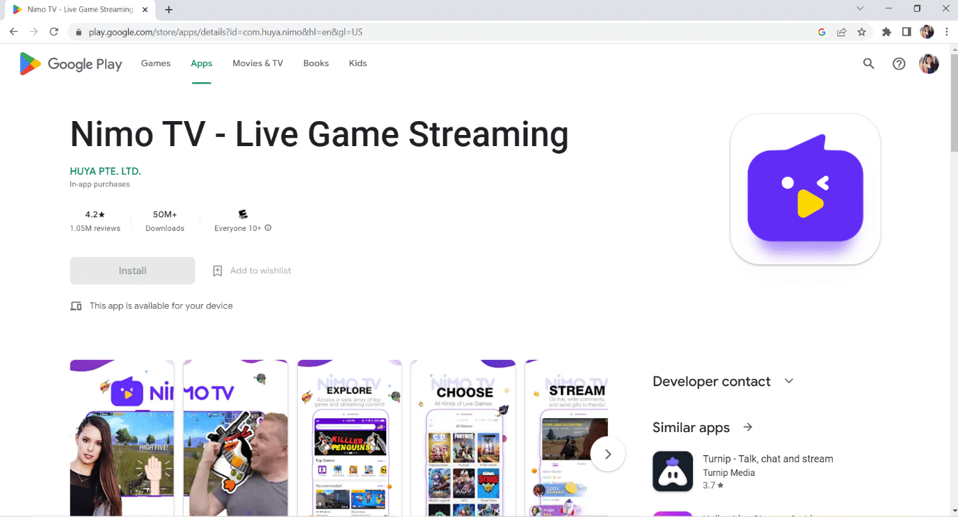 Halaman Resmi Nimo TV di Google play. 19 Aplikasi Live Streaming Terbaik untuk Game Android