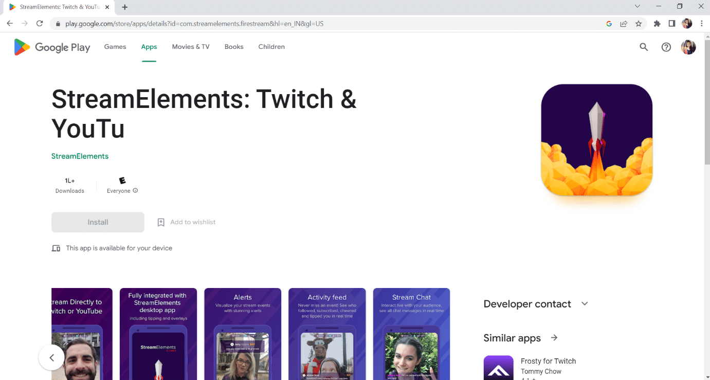 Página oficial do StreamElements no Google play