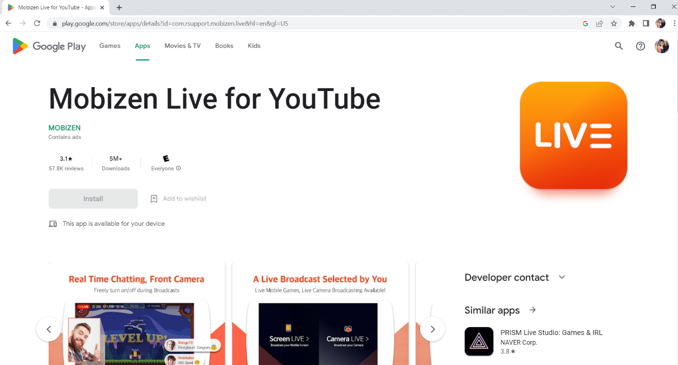 Page officielle de Mobizen Live Stream dans Google Play