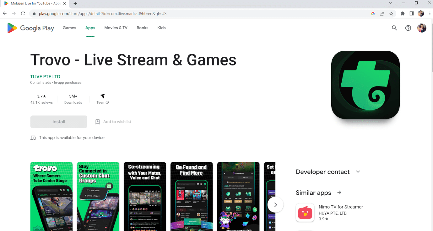 Google play 中 Trovo Live 的官方页面