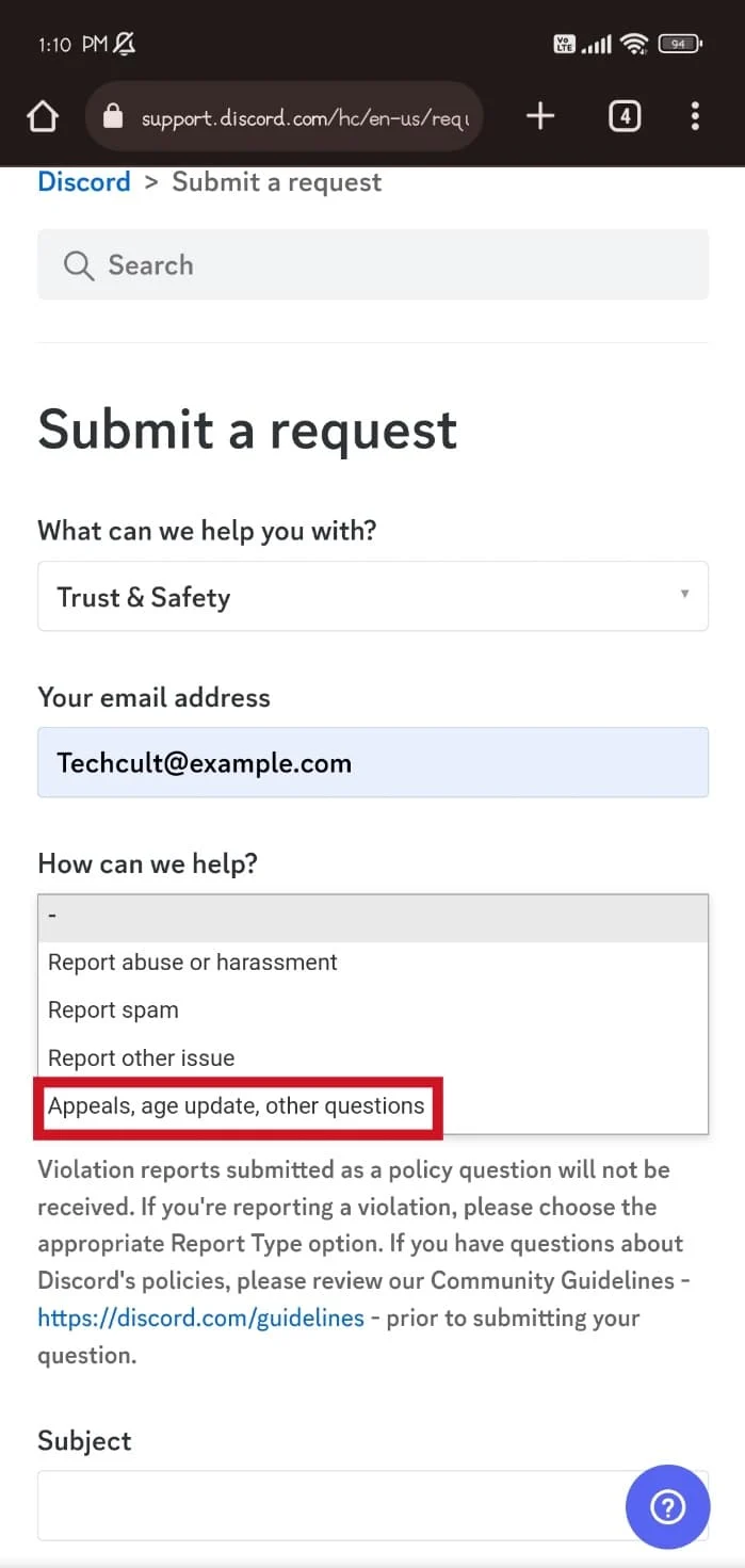 แตะที่ตัวเลือกคำถามอื่น ๆ อัปเดตอายุการอุทธรณ์ วิธีเปลี่ยนอายุใน Discord