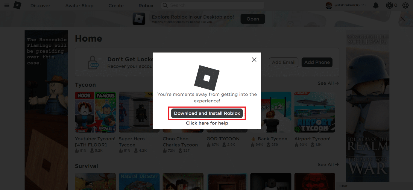 Haga clic en Descargar e Instalar Roblox