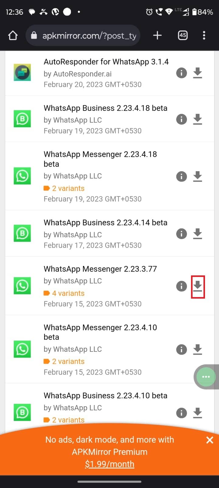 选择您要下载的 WhatsApp，然后点击下载按钮