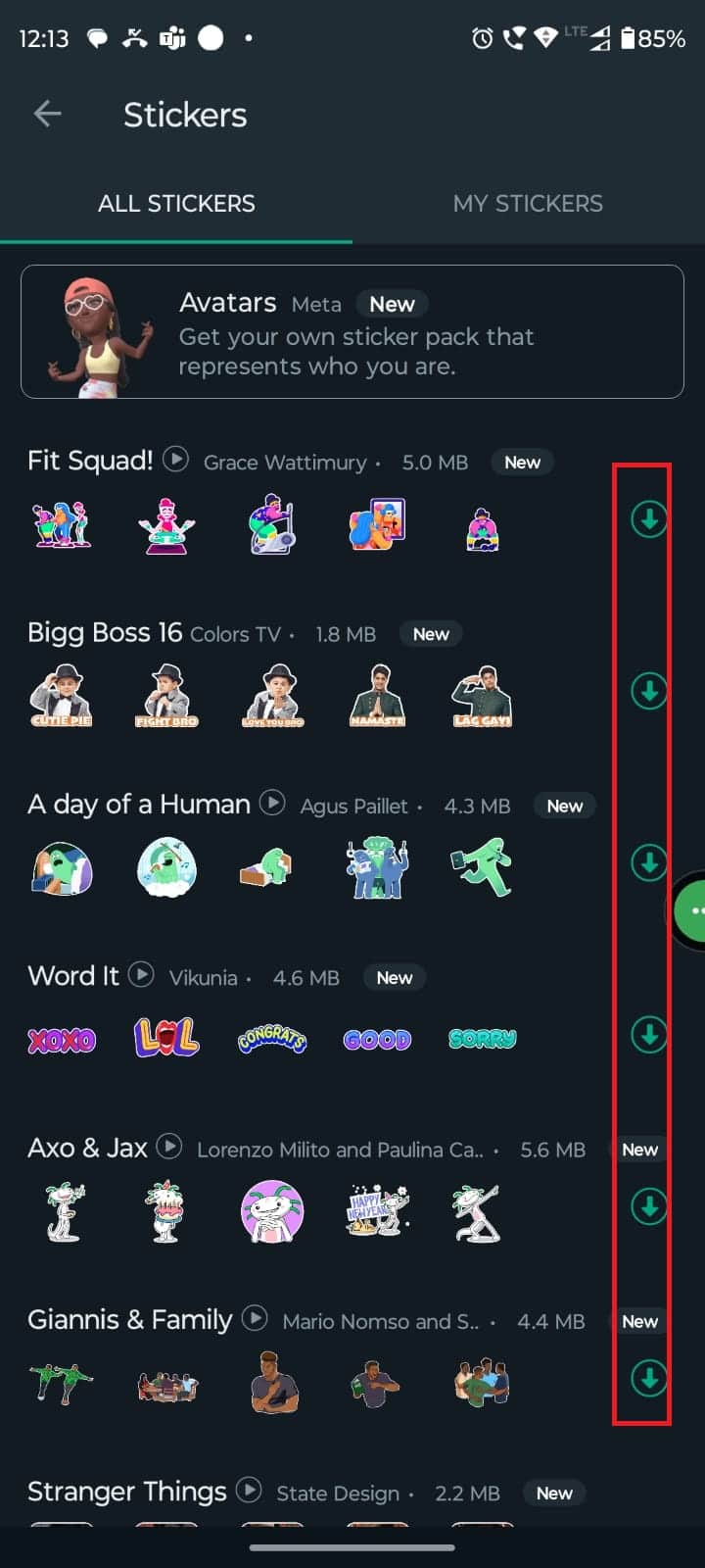 เลือกชุดสติกเกอร์แล้วแตะที่ไอคอนดาวน์โหลด