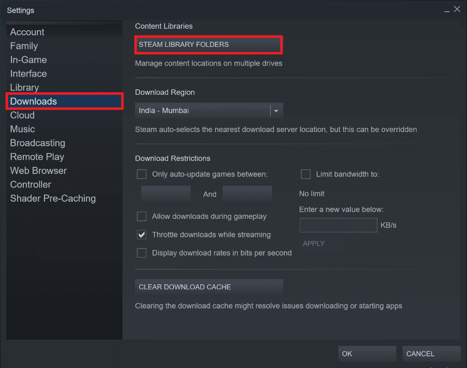 Content Libraries セクションの下にある STEAM LIBRARY FOLDERS をクリックします。