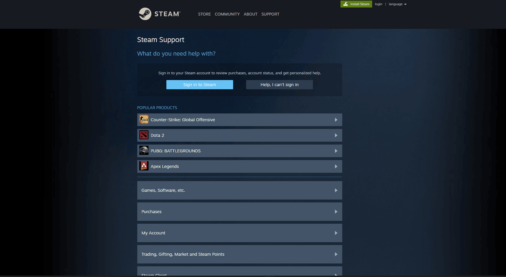 Página de suporte do Steam