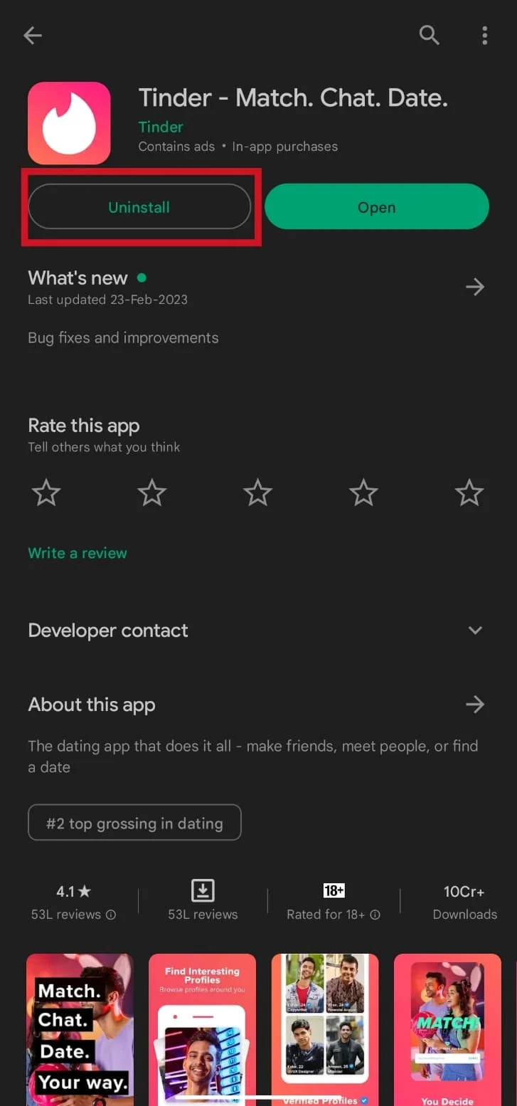 Ketuk tombol Uninstall. Perbaiki Gambar Tinder Tidak Memuat Kesalahan