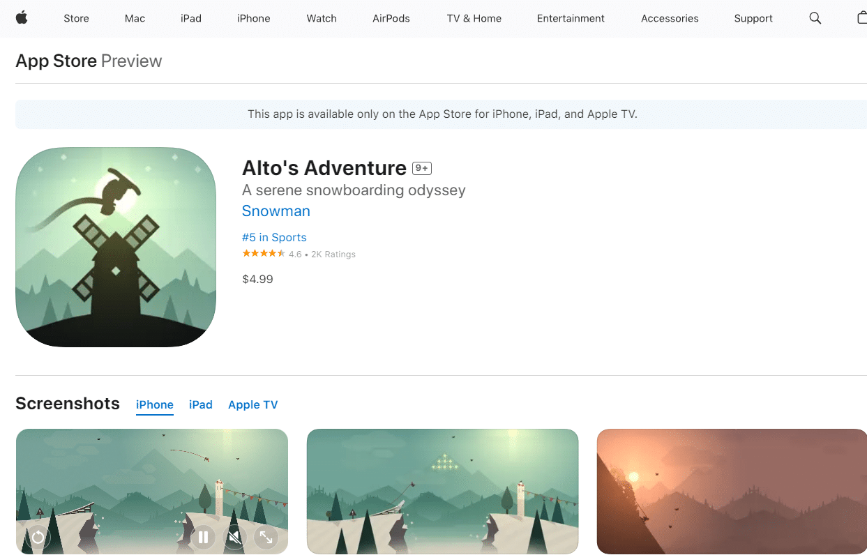 Alto Adventure. 37 de cele mai bune jocuri offline pentru iPhone gratuite