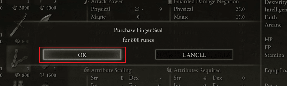 Faceți clic pe OK din fereastra pop-up pentru a cumpăra Finger Seal pentru 800 de rune