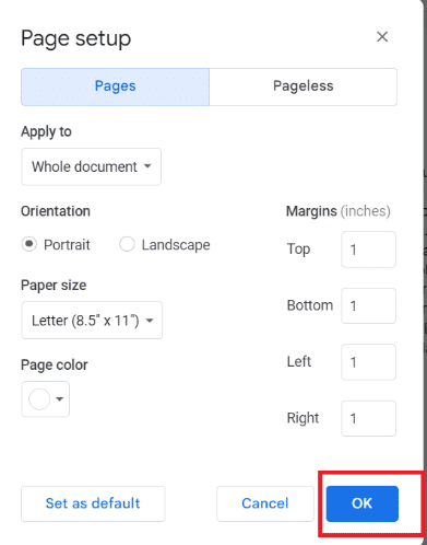 Haga clic en Aceptar para guardar los cambios. ¿Cuáles son los márgenes predeterminados en Google Docs?