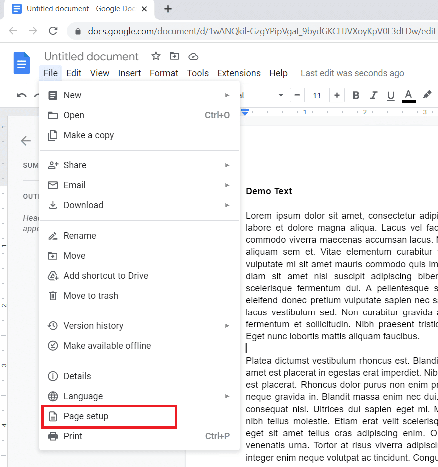 Selecione Configurar página no menu suspenso. Quais são as margens padrão no Google Docs?