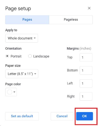 [OK] をクリックして、新しい余白を保存します