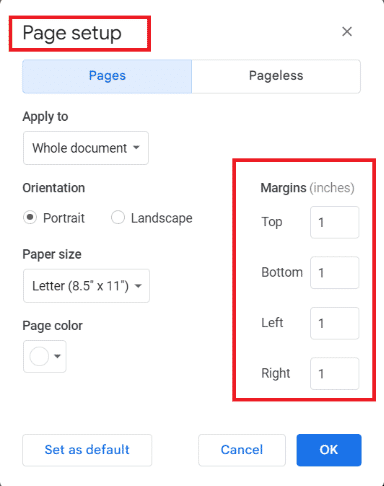 Impostazione della pagina. Quali sono i margini predefiniti in Google Documenti?