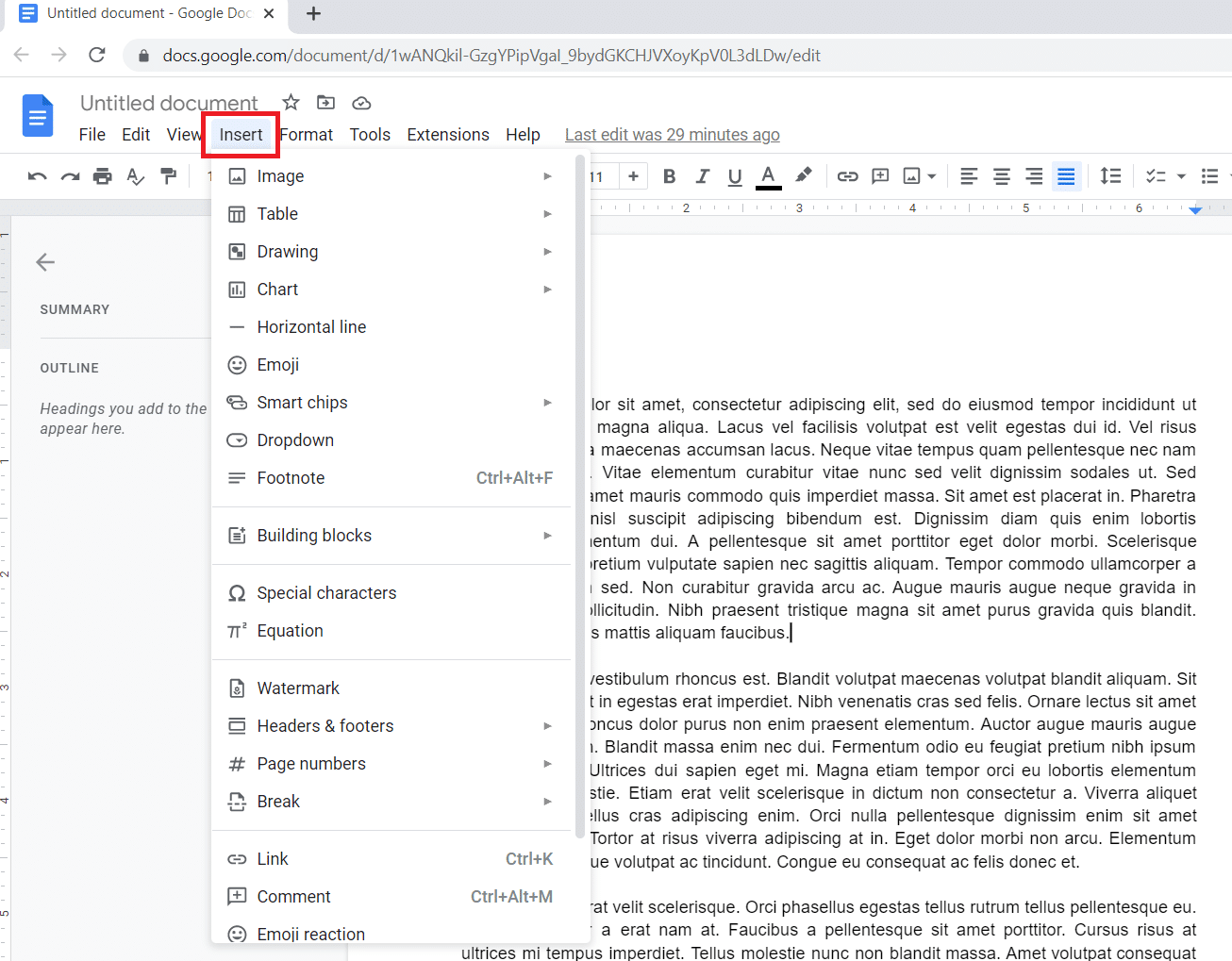 Clique em Inserir na barra de menu superior. Quais são as margens padrão no Google Docs?