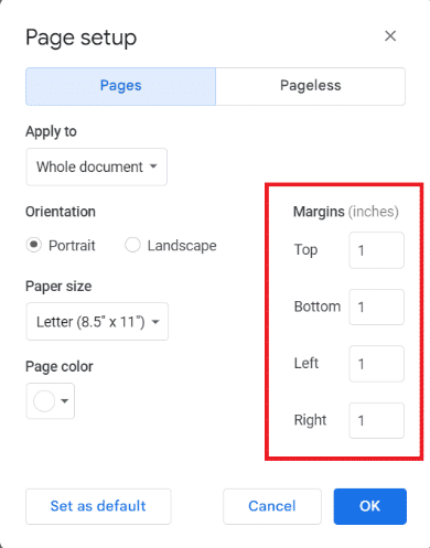 必要なマージン値を入力します。 Google ドキュメントのデフォルトの余白とは?